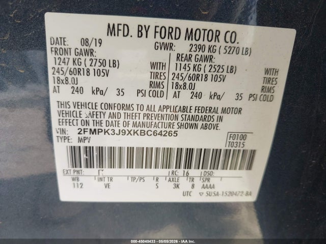Aukcja sprzedaży 2019 Ford Edge Sel, vin: 2FMPK3J9XKBC64265, numer aukcji: 45040433