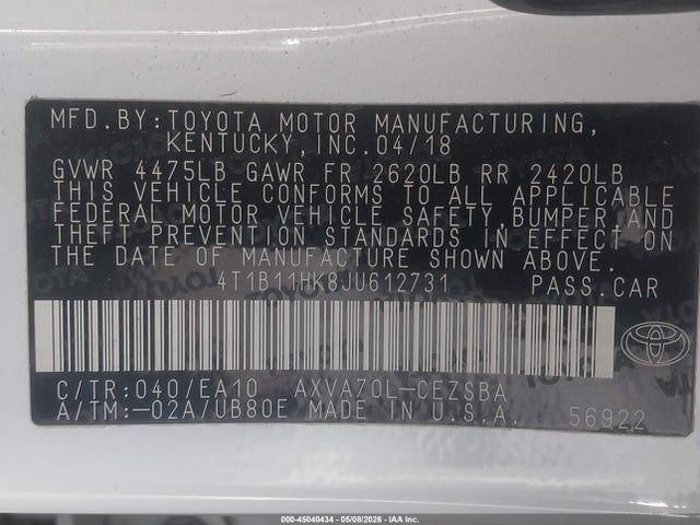 4T1B11HK8JU612731 Toyota CAMRY SE