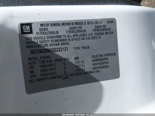 Продажа на аукционе авто 2009 Gmc Sierra 1500 Sle, vin: 3GTEK23M99G222121, номер лота: 45040440