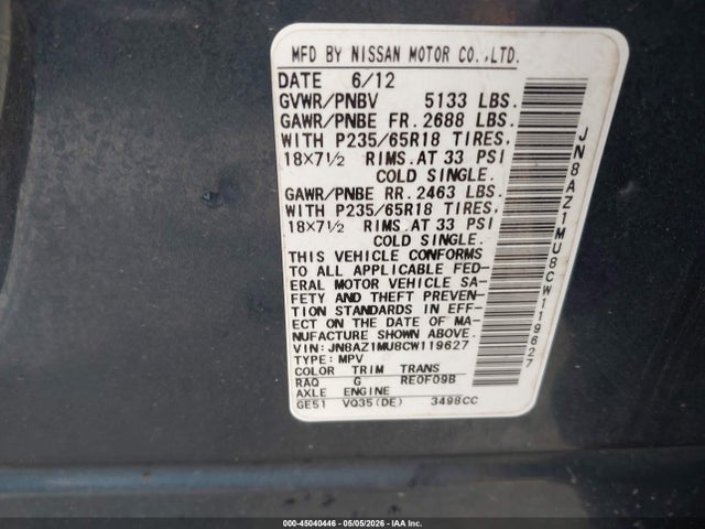 Продажа на аукционе авто 2012 Nissan Murano S, vin: JN8AZ1MU8CW119627, номер лота: 45040446