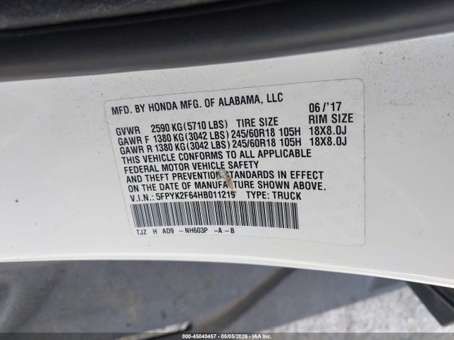 5FPYK2F64HB011219 Honda Ridgeline Rtl-t