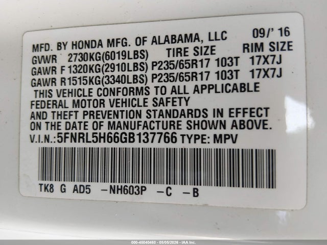 5FNRL5H66GB137766 Honda Odyssey Ex-l