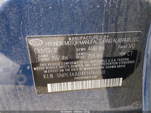 Продаж на аукціоні авто 2019 Hyundai Sonata Limited 2.0t, vin: 5NPE34AB4KH746090, номер лоту: 45040470