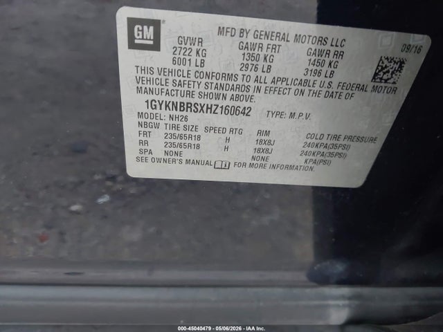 45040479 :رقم المزاد ، 1GYKNBRSXHZ160642 vin ، 2017 Cadillac Xt5 Luxury مزاد بيع