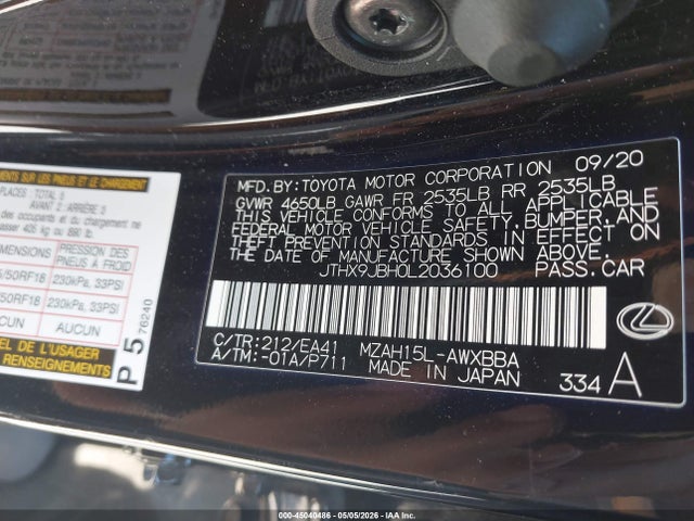 45040486 :رقم المزاد ، JTHX9JBH0L2036100 vin ، 2020 Lexus Ux 250h مزاد بيع
