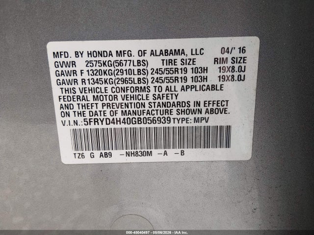 5FRYD4H40GB056939 Acura Mdx Technology Acurawatch Plus Packages/technology Package