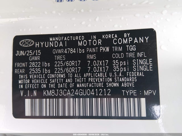 Aukcja sprzedaży 2016 Hyundai Tucson Eco, vin: KM8J3CA24GU041212, numer aukcji: 45040506