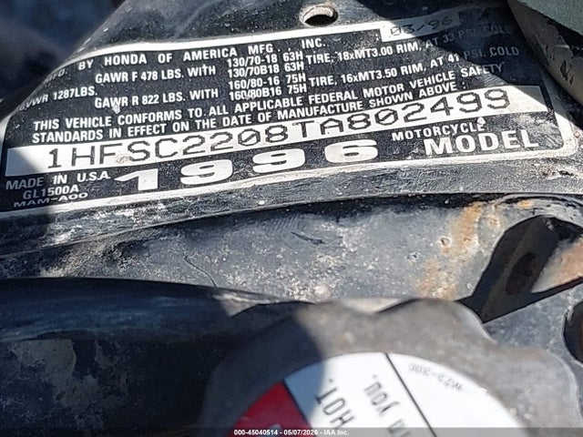 1996 Honda Gl1500 A/2 მანქანა იყიდება აუქციონზე, vin: 1HFSC2208TA802499, აუქციონის ნომერი: 45040514