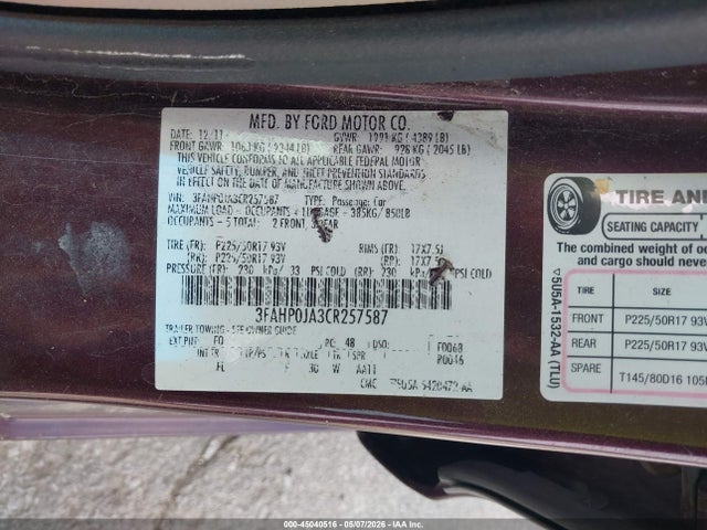 Продажа на аукционе авто 2012 Ford Fusion Sel, vin: 3FAHP0JA3CR257587, номер лота: 45040516