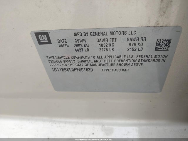 Продаж на аукціоні авто 2015 Chevrolet Malibu Ls, vin: 1G11B5SL0FF301529, номер лоту: 45040519