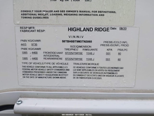 2021 Highland Ridge Open Range მანქანა იყიდება აუქციონზე, vin: 58TBH0BT9M3TN3068, აუქციონის ნომერი: 45040520
