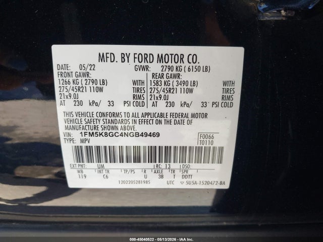 Auction sale of the 2022 Ford Explorer St, vin: 1FM5K8GC4NGB49469, lot number: 45040522