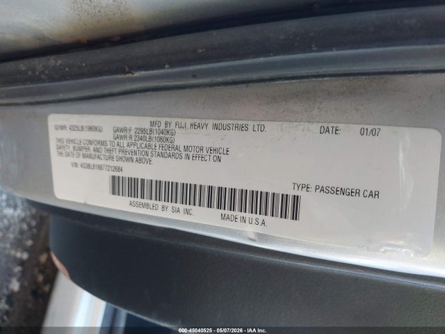 Продаж на аукціоні авто 2007 Subaru Legacy 2.5i, vin: 4S3BL616877212684, номер лоту: 45040525