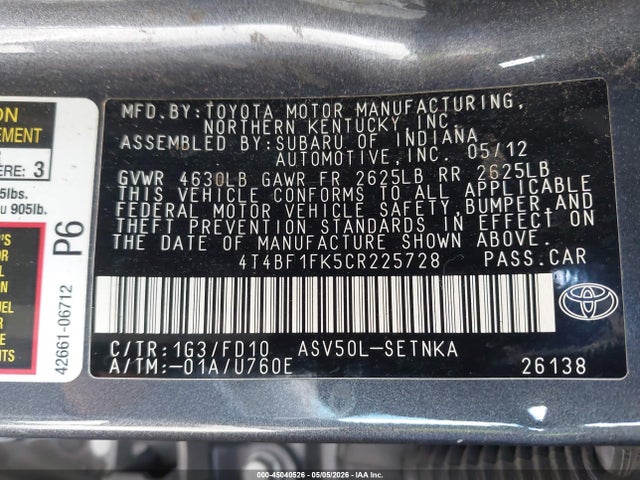 45040526 :رقم المزاد ، 4T4BF1FK5CR225728 vin ، 2012 Toyota Camry Le مزاد بيع