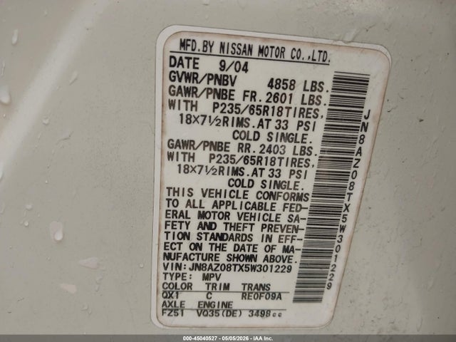 45040527 :رقم المزاد ، JN8AZ08TX5W301229 vin ، 2005 Nissan Murano S مزاد بيع