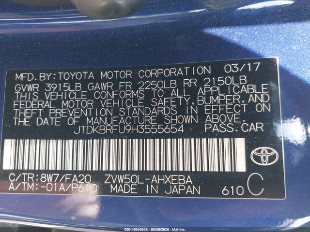 JTDKBRFU9H3555654 Toyota Prius Two