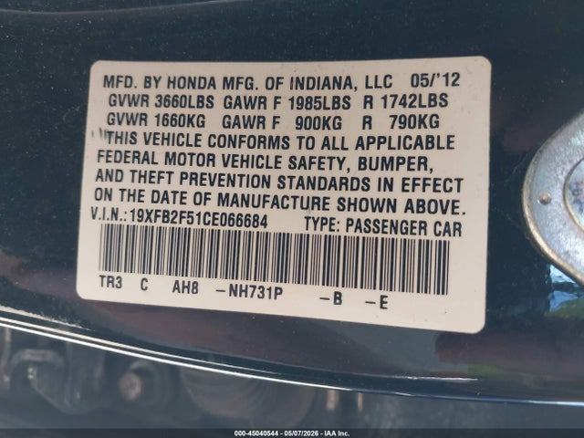 45040544 :رقم المزاد ، 19XFB2F51CE066684 vin ، 2012 Honda Civic Lx مزاد بيع