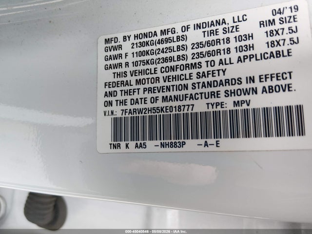Продаж на аукціоні авто 2019 Honda Cr-v Ex, vin: 7FARW2H55KE018777, номер лоту: 45040546