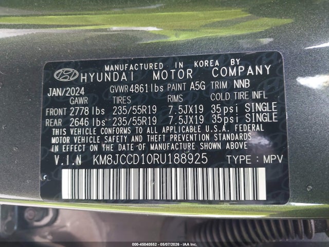 45040552 :رقم المزاد ، KM8JCCD10RU188925 vin ، 2024 Hyundai Tucson Hybrid Sel Convenience مزاد بيع