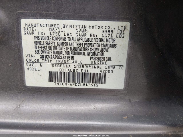 Продаж на аукціоні авто 2012 Nissan Versa 1.6 Sv, vin: 3N1CN7AP0CL817515, номер лоту: 45040556