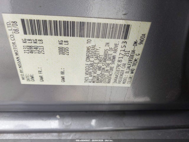 Продаж на аукціоні авто 2009 Nissan Maxima 3.5 Sv, vin: 1N4AA51E79C817153, номер лоту: 45040557
