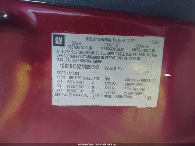 Продаж на аукціоні авто 2007 Gmc Yukon Xl 1500 Slt, vin: 1GKFK16327R350543, номер лоту: 45040561