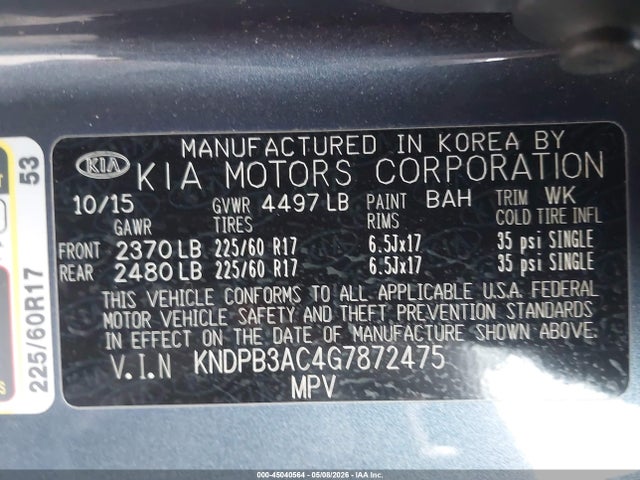Продаж на аукціоні авто 2016 Kia Sportage Lx, vin: KNDPB3AC4G7872475, номер лоту: 45040564