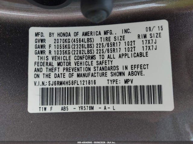45040565 :رقم المزاد ، 5J6RM4H58FL121816 vin ، 2015 Honda Cr-v Ex مزاد بيع