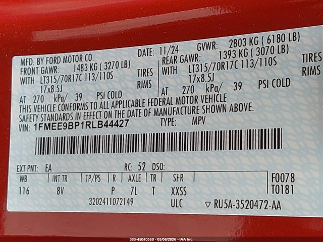 Auction sale of the 2024 Ford Bronco Badlands, vin: 1FMEE9BP1RLB44427, lot number: 45040569
