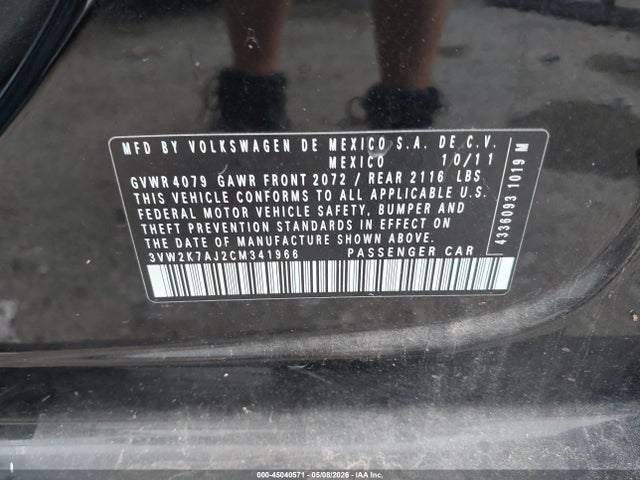 2012 Volkswagen Jetta 2.0l S მანქანა იყიდება აუქციონზე, vin: 3VW2K7AJ2CM341966, აუქციონის ნომერი: 45040571