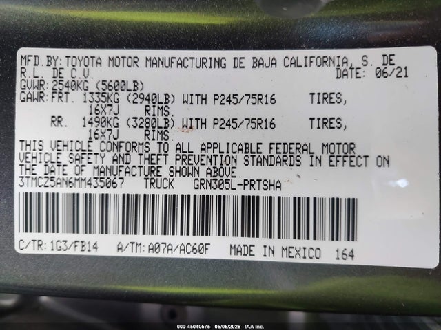 Aukcja sprzedaży 2021 Toyota Tacoma Sr V6, vin: 3TMCZ5AN6MM435067, numer aukcji: 45040575