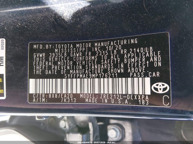 Toyota Corolla Xle 2021 5YFFPMAE9MP176211 Image 9