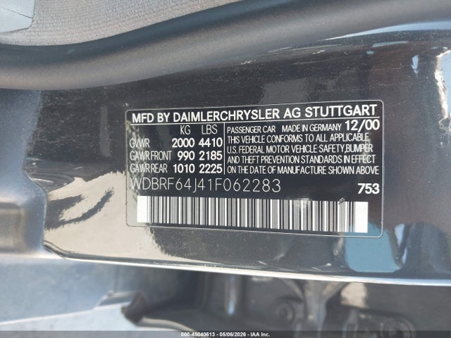 2001 Mercedes-benz C 320 მანქანა იყიდება აუქციონზე, vin: WDBRF64J41F062283, აუქციონის ნომერი: 45040613