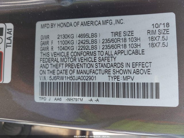 Honda CR-V EX 2018 5J6RW1H50JA002901 Image 9