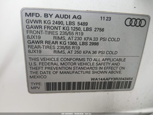 Продажа на аукционе авто 2024 Audi Q5 Sportback Premium 45 Tfsi S Line Quattro S Tronic, vin: WA14AAFY3R2043454, номер лота: 45040653