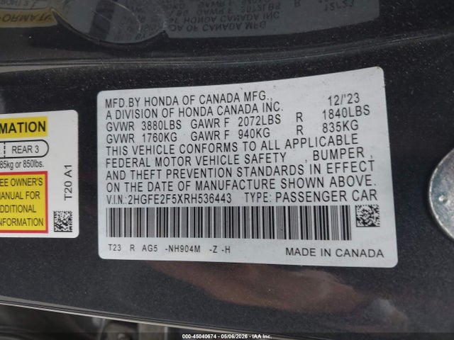 Продаж на аукціоні авто 2024 Honda Civic Sport, vin: 2HGFE2F5XRH536443, номер лоту: 45040674