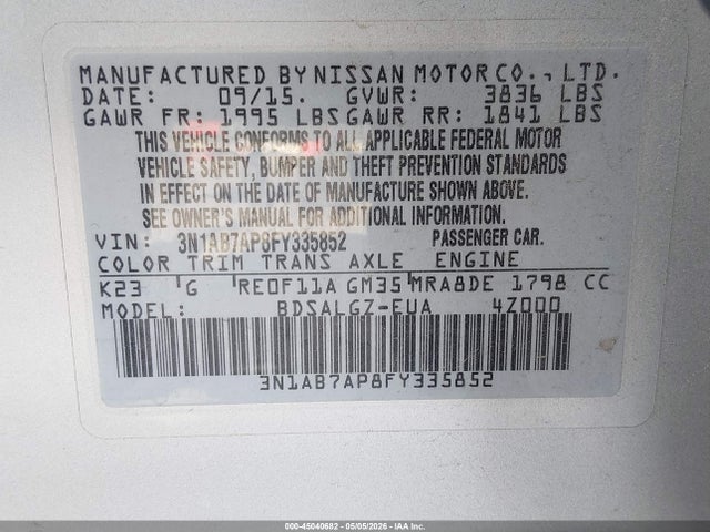 2015 Nissan Sentra Sl მანქანა იყიდება აუქციონზე, vin: 3N1AB7AP8FY335852, აუქციონის ნომერი: 45040682