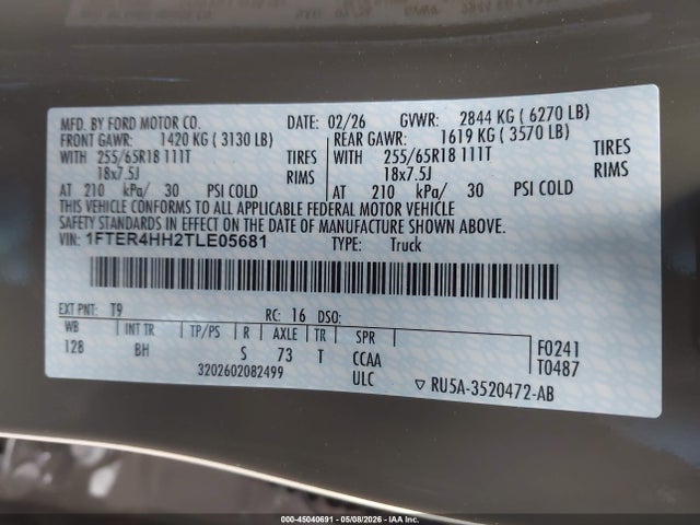Продаж на аукціоні авто 2026 Ford Ranger Xlt, vin: 1FTER4HH2TLE05681, номер лоту: 45040691