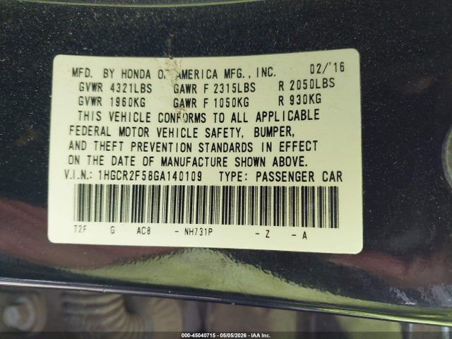 Продаж на аукціоні авто 2016 Honda Accord Sport, vin: 1HGCR2F58GA140109, номер лоту: 45040715