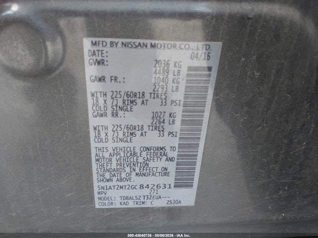Aukcja sprzedaży 2016 Nissan Rogue Sl, vin: 5N1AT2MT2GC842631, numer aukcji: 45040726