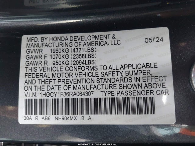 Honda ACCORD EX 2024 1HGCY1F36RA064307 Image 9