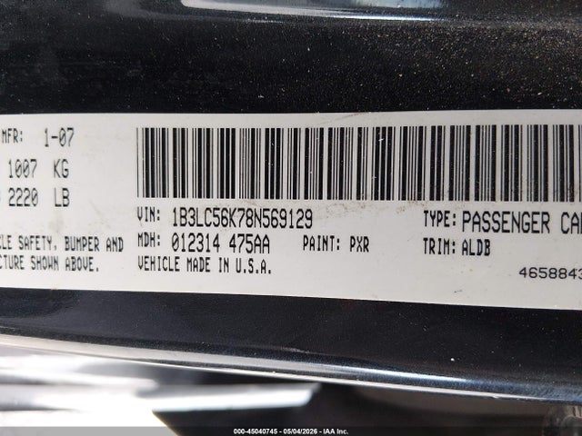 45040745 :رقم المزاد ، 1B3LC56K78N569129 vin ، 2008 Dodge Avenger Sxt مزاد بيع