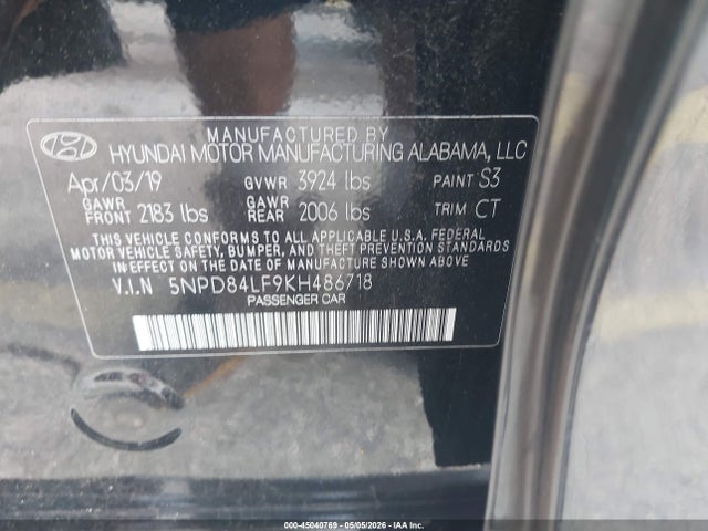 2019 Hyundai Elantra Sel მანქანა იყიდება აუქციონზე, vin: 5NPD84LF9KH486718, აუქციონის ნომერი: 45040769