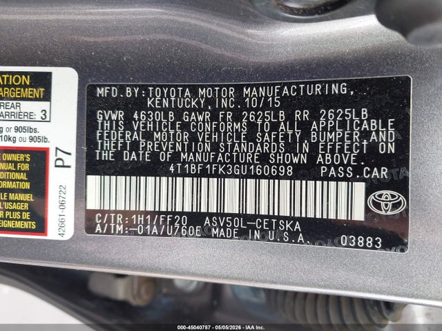 Toyota CAMRY SE 2016 4T1BF1FK3GU160698 Image 9