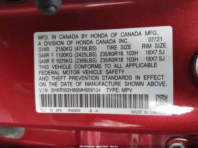 2HKRW2H86MH669104 Honda Cr-v Awd Ex-l