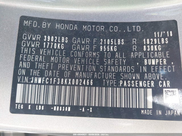 Honda CIVIC EX 2019 JHMFC1F38KX002466 Image 9