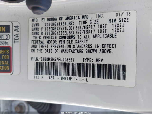 Honda CR-V EX 2015 5J6RM3H57FL008837 Image 9