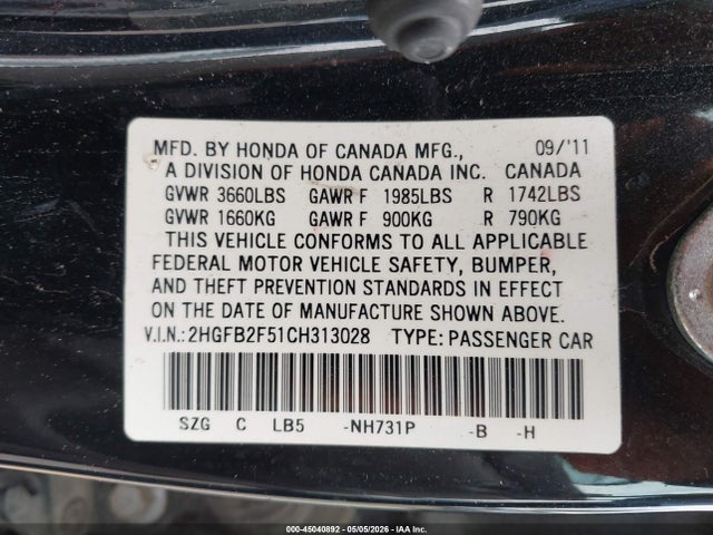 Продаж на аукціоні авто 2012 Honda Civic Lx, vin: 2HGFB2F51CH313028, номер лоту: 45040892
