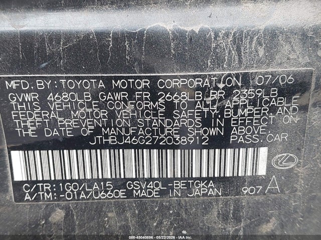 45040896 :رقم المزاد ، JTHBJ46G272038912 vin ، 2007 Lexus Es 350 مزاد بيع
