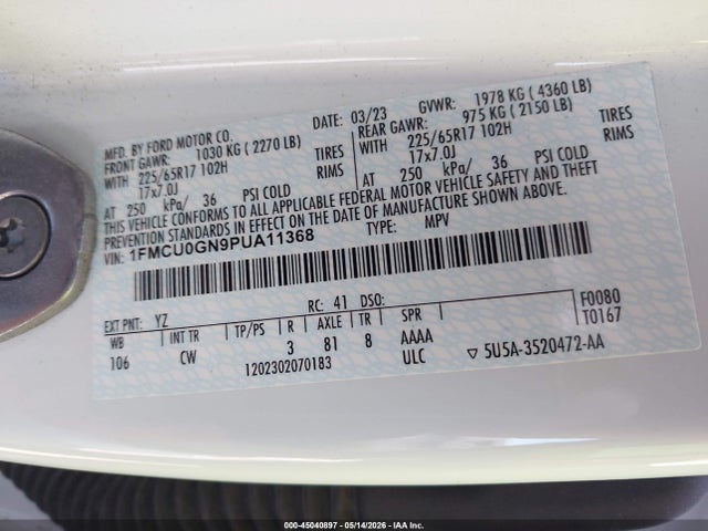 45040897 :رقم المزاد ، 1FMCU0GN9PUA11368 vin ، 2023 Ford Escape Active مزاد بيع